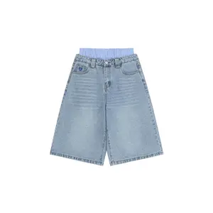 Aelfric Eden Double Waist Loose Sagging Jorts Baggy Denim Jorts High Waist Stretchy Straight Wide Leg Jorts Light Wash Shorts