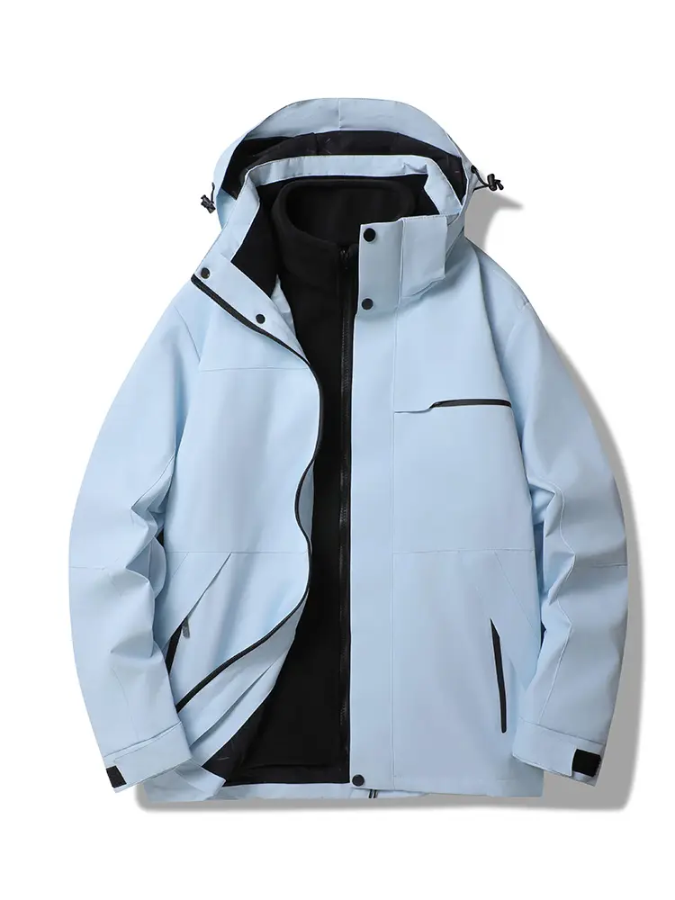 Light Blue Black Gray Red Navy Green Orange Yellow All Color 3-in-1 Outdoor Windproof Jacket | Adjustable Drawstring Hood Multi Zipper Pocket Athlete Coat