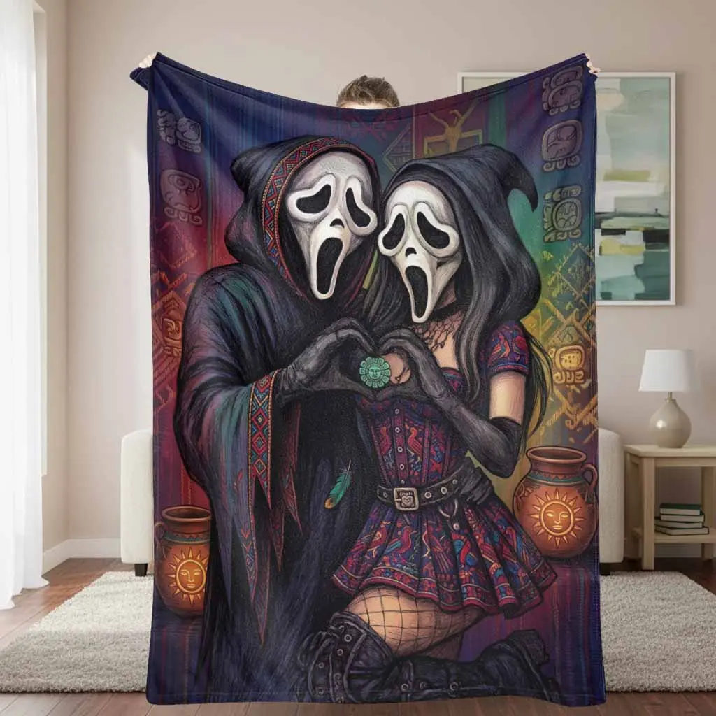 Ghost Couple Flannel Blanket Mayan Aztec Ethnic Print Soft Lightweight Warm Cozy Bedding Throws Perfect for Sofa Couch Bedroom Decor Valentine Anniversary Gift Romantic Home Accessory