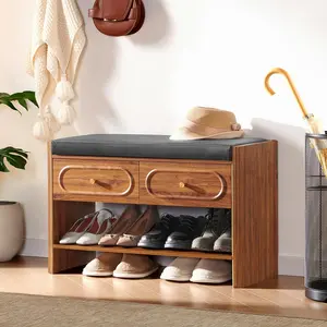 Giratree 31.5" Shoe Storage Bench, Modern Shoe Rack Bench with 2 Drawers and Padded Leather Cushion Seat, Fluted Wood Entry Way Benches for Bedroom, Mudroom, Entryway, Hallway, Entrance