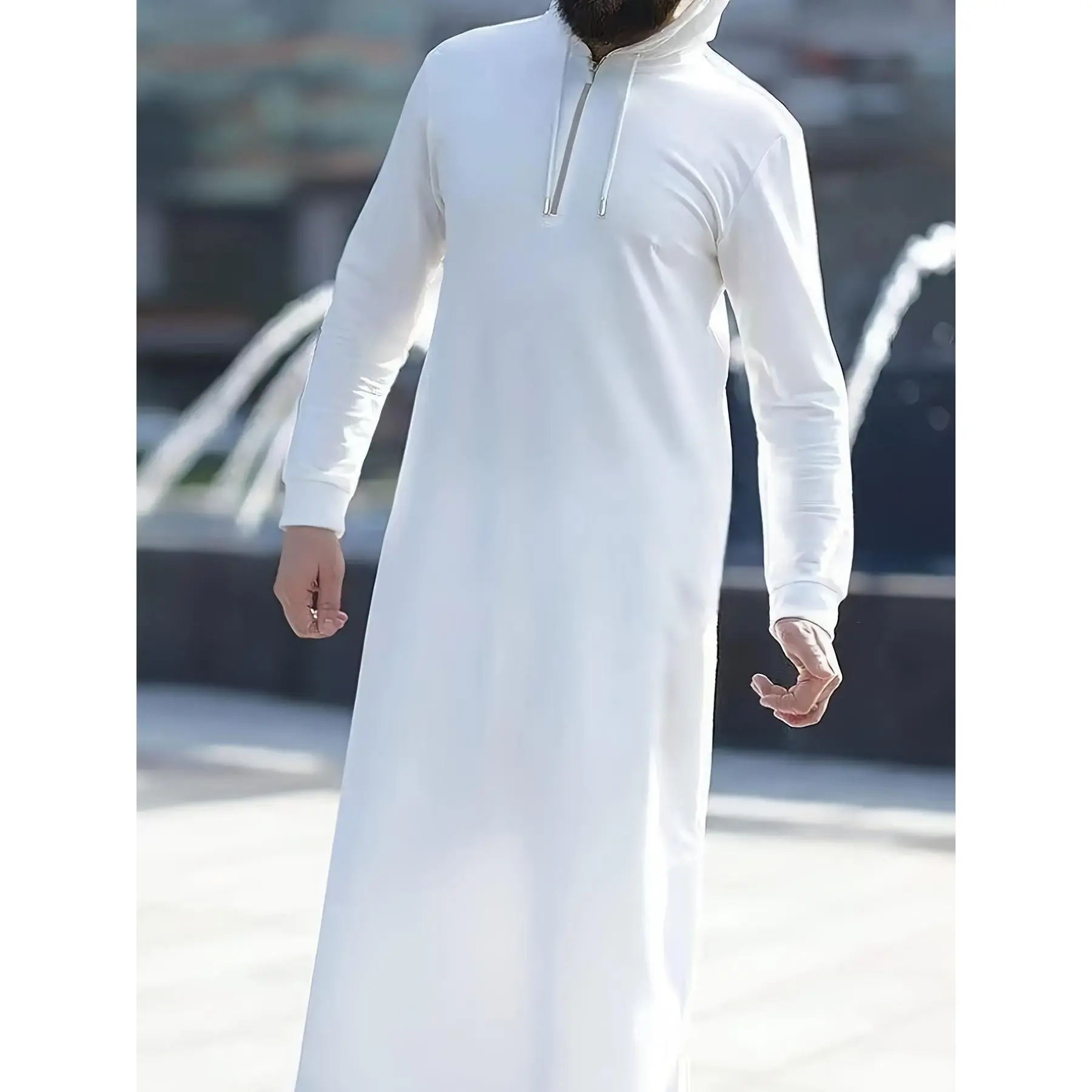 Men's Solid Color Long Sleeve Arabic Robe, Traditional Full-Length Islamic Thobe with Front Zipper, Non-Stretch Formal Muslim Attire, Plain, Floor Length, Regular Sleeve, Woven, Xxl
