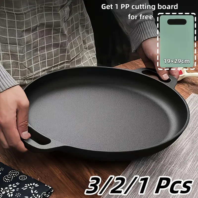 1/ 2/ 3pcs Cast Iron Pan, Pre Seasoned, Multifunctional, Non-stick, for Pizza Lovers, Home Kitchens, Outdoor Cooking, Durable, Even-Heating, Versatile, Compatible with All Stoves, Perfect for Home Kitchens And Outdoor Cooking Cookware