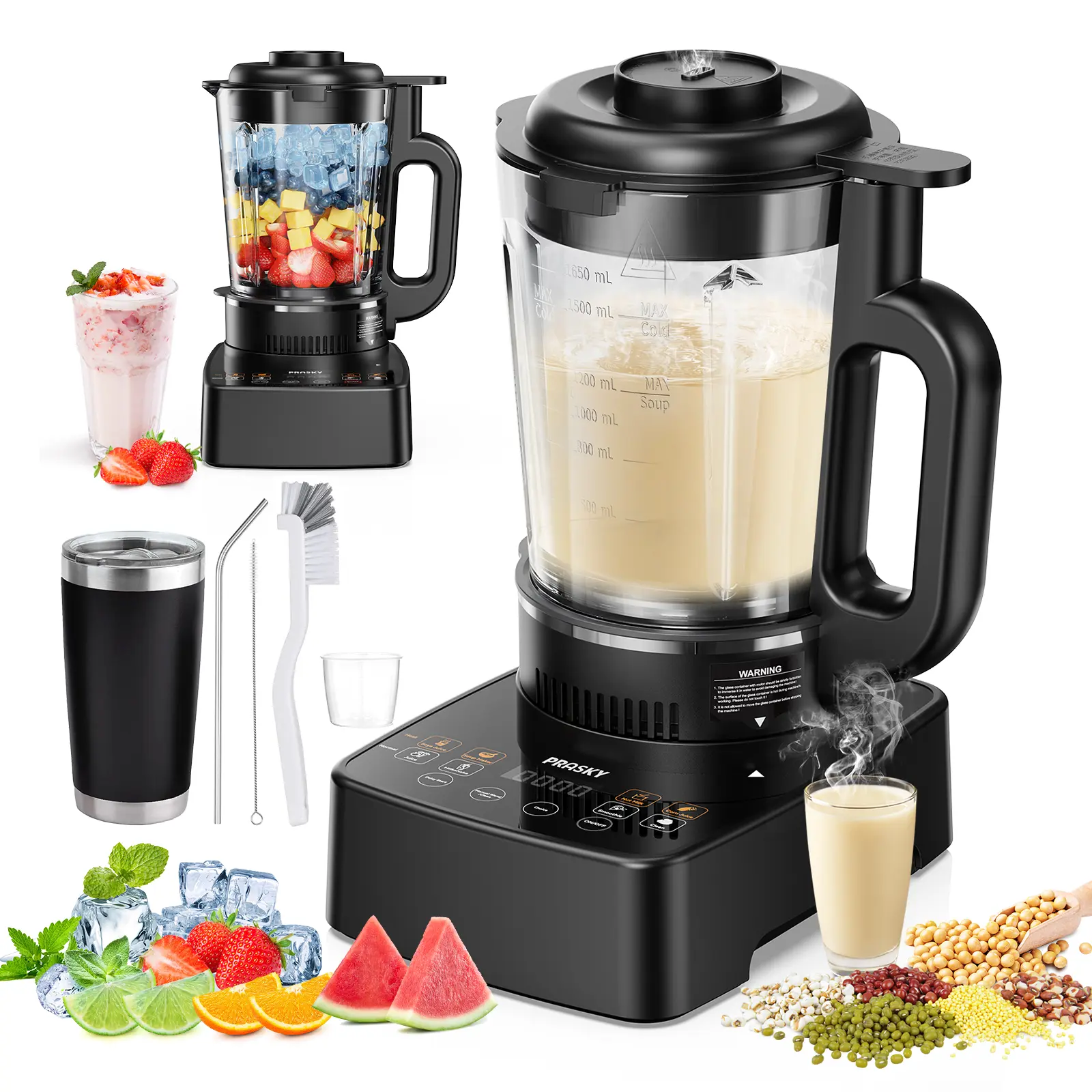 PRASKY Professional Glass Heating Blender & Soy Milk Maker, 10-in-1 Smart Kitchen Machine | 24H Delay Cook | 600ml Stainless Steel Thermos | Soup, Smoothies, Juices & Stews Stand Mixer