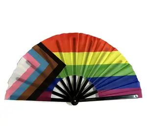 Rainbow Pride Hand Fans - Large Foldable Bamboo Fan for LGBTQ+ Festivals, Raves, Drag Queens & Circuit Parties - Lightweight One-Sided Decorative Clack Fan
