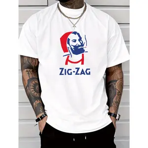 Men's Graphic T-Shirt - Lightweight 180gsm Polyester Crewneck Tee, White Shirt with Bold Zig-Zag Lettering in Blue & Red Accents for Everyday & Formal Wear - Ideal Gift for Men, Allseason Apparel, Casual Style Shirt, Comfortable Fit