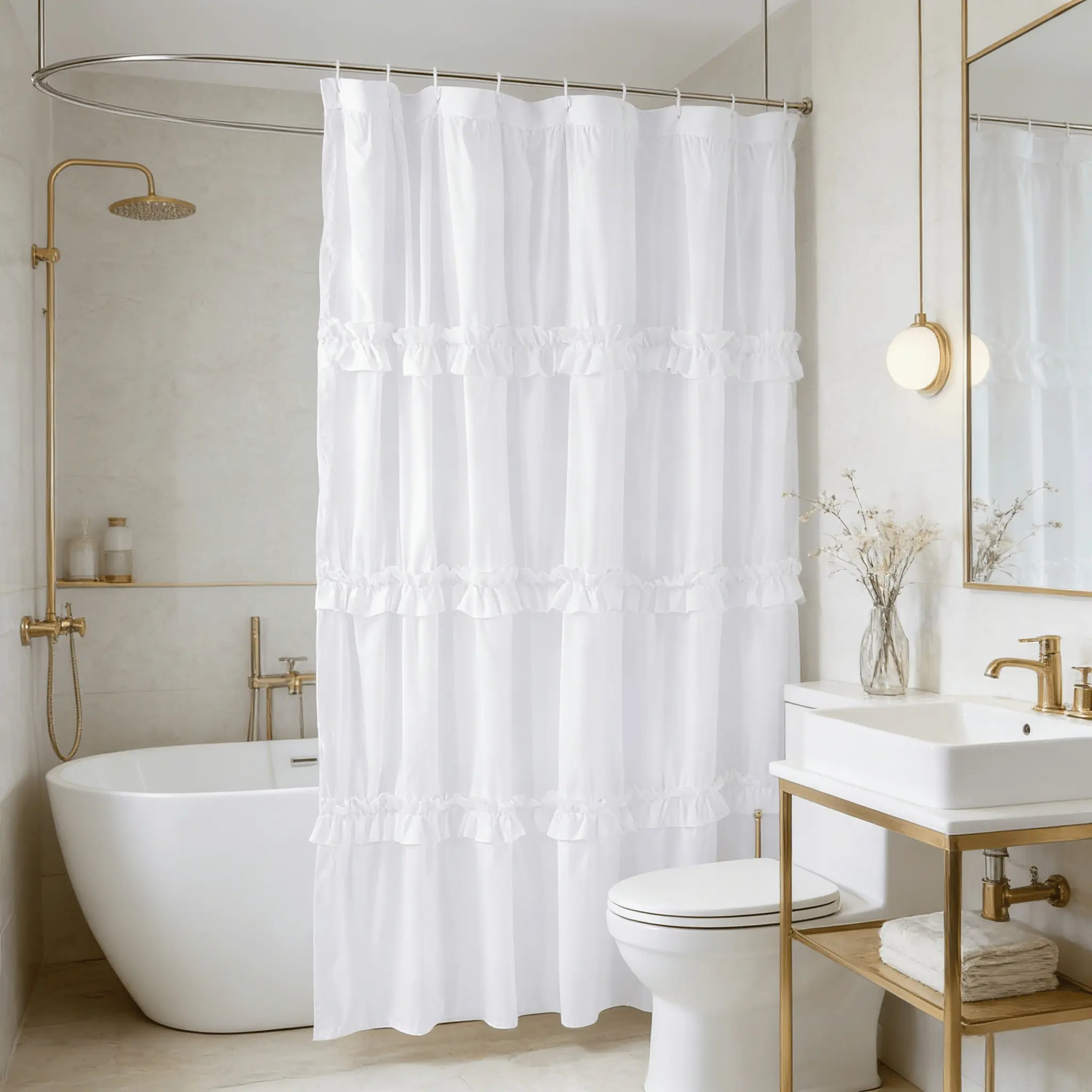 French Vintage Ruffled Shower Curtain, Handmade Pleated Microfiber, Butterfly Knot, 12 Holes, 72"x72", Perfect for Master Bathroom, Pretty Shower Curtain, Aesthetic Decorative Shower Curtain, Elegant Shower Curtain