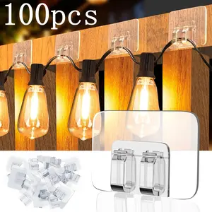 Outdoor String Light Hooks 100 Pack with Tape, No Damage, Tool-Free Installation, Waterproof UV Resistant, Self Adhesive Removable Hooks, Perfect for Christmas Yard Decorations