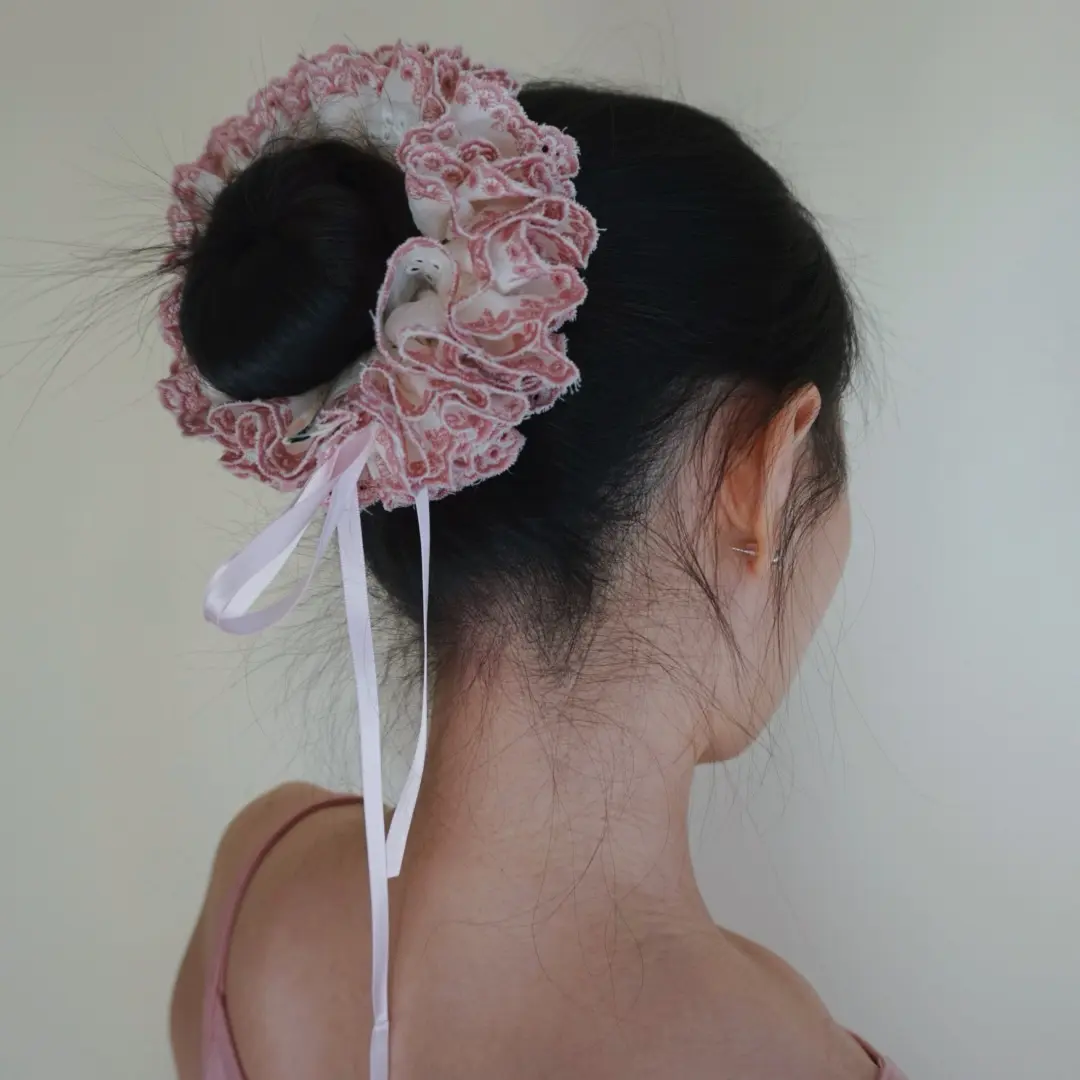Personalization Gifts Floral Embroidered Eyelet Scrunchie  Vintage Trimmed Hair Tie  Handmade Bow Embroidery Lace Scrunchies Four-layer Ruffle Scrunchies