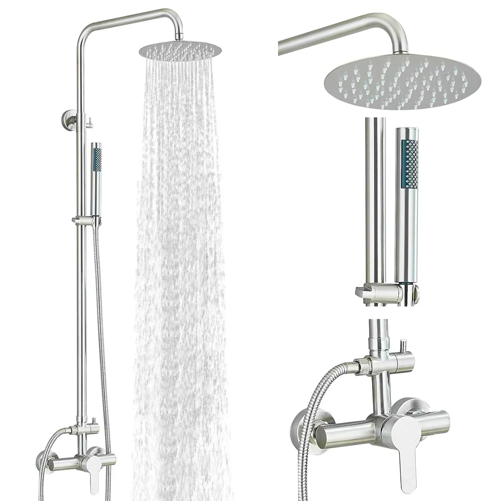 Outdoor Shower Fixtures Stainless Steel Rain Shower Kit Faucet High Pressure Wall Mount 2 Dual Function 8 Inch Showerhead and Handheld Spray Combo, Single Handle, Brushed Nickel