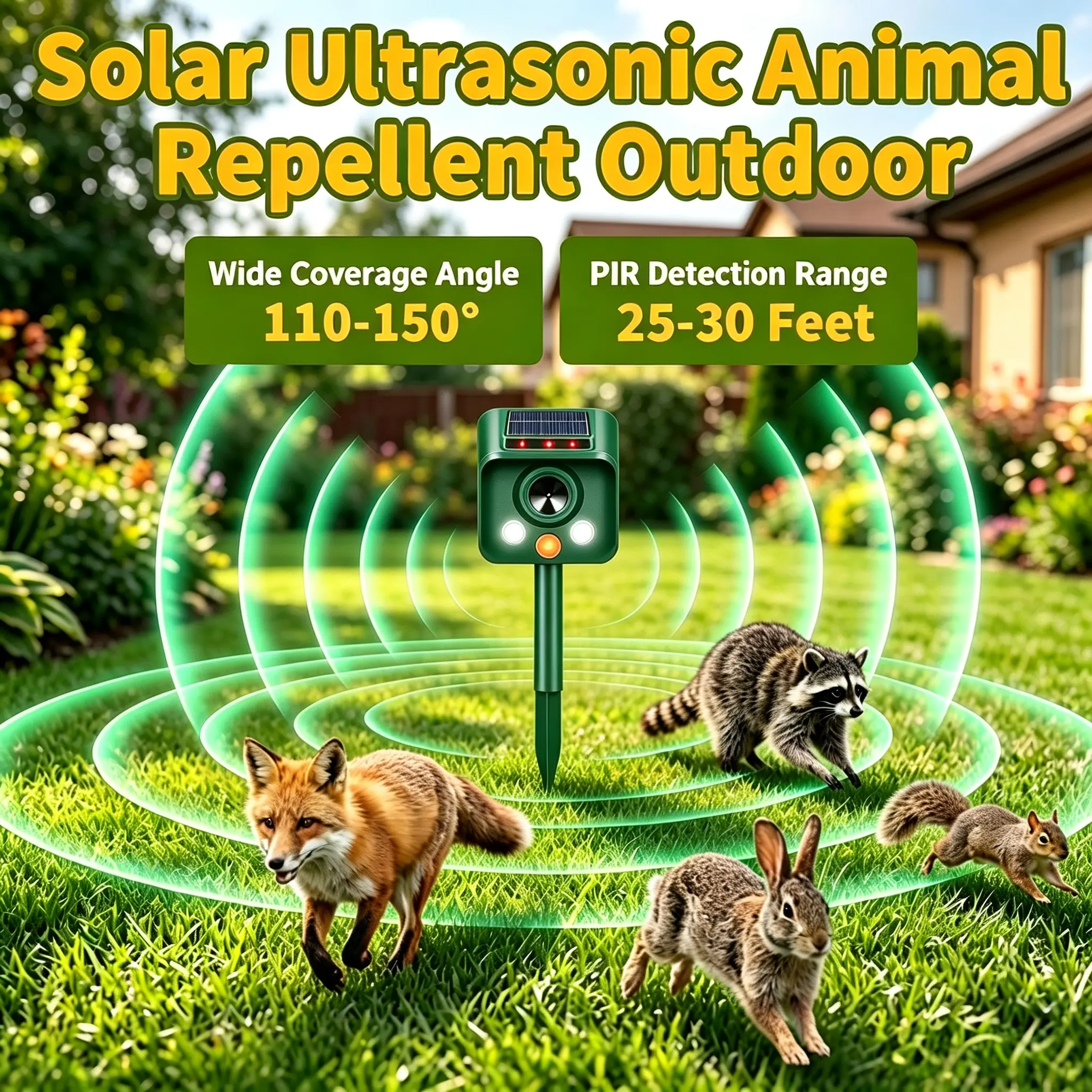 Solar-Powered Ultrasonic Animal Repellent Device with LED Strobe Light - Outdoor Pest Control for Squirrels, Deer, Raccoons, Rabbits, Skunks, Cats, Dogs - Protects Gardens, Yds, Farms, Crops citronella