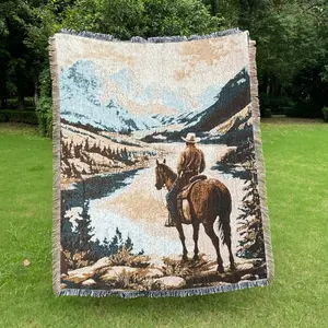 west cowboy Pattern Design Bohemian Bed Blanket Western Blanket - Yarn Thick Breathable with Tassels for Home Decor Sheet Living Shawl Tapestry Yoga Couch Sofa Chair Tablecloth Garden Office Travel Outdoor Camping Picnic Not Printed No Faded No Pilling