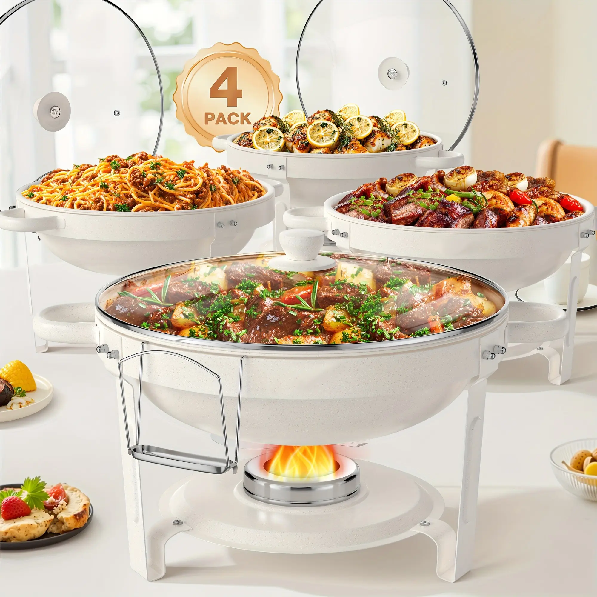 5QT Durable Maifanite-Coated Round Buffet Chafing Dishes (2/4 Pack) - Food Grade Rust-Free Round Pan Solid Steel Pots, Mirror Polish, Rolled Rim, Stackable, Lid Holder, Vent-Hole Glass Lid, Long Warm/Cool Retention for Wedding, Parties