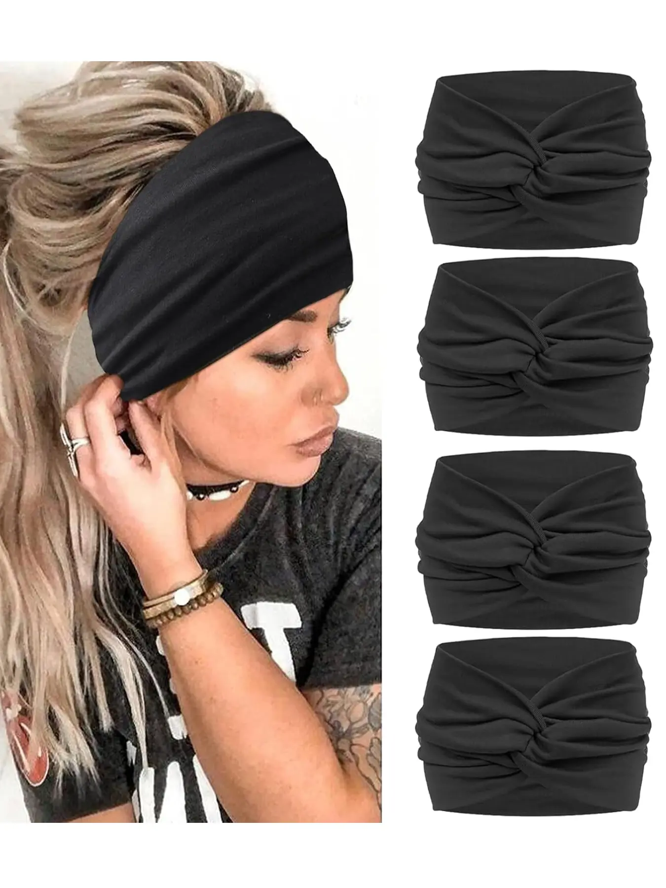 4pcs Wide Headband Set for Women, Fashion Headbands, Fashion Soft Elastic Hair Accessories, Cross Large Hair Clips, Party Stylish Hairstyle Accesories, Knotted Headband, Headband Head Wrap