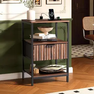 Fluted Nightstand with Charging Station, End Table with Fabric Drawer, Night Stand with Storage Shelf & Handle, Fluted Side Table for Bedroom/Living Room