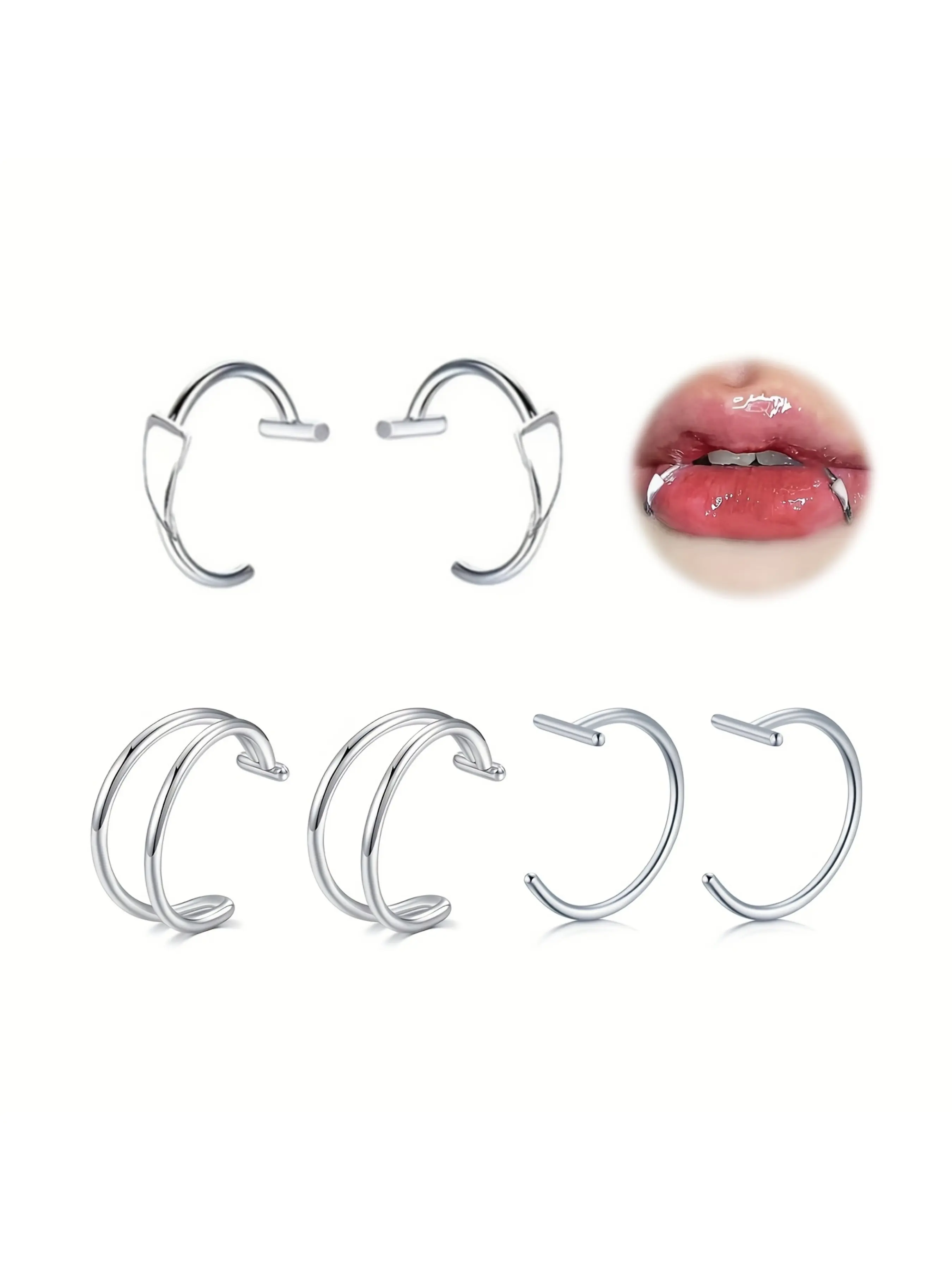3 pairs Non-Piercing Fake Lip Jewelry Body Jewelry Set, Body Jewellery - Clip-On Lip Cuffs, Faux Snake Bite Hoops & Double Hoop Rings, Stainless Vampire Fangs Accessories, Easy to Use, No Piercing Needed, for Parties Lip Clips