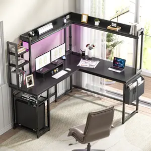 Cyclysio Reversible L-Shaped Home Office Desk - L Shaped Workstation, Gaming Desk with Power Outlet, LED Light, Hutch, Monitor Stand, and Storage Shelves