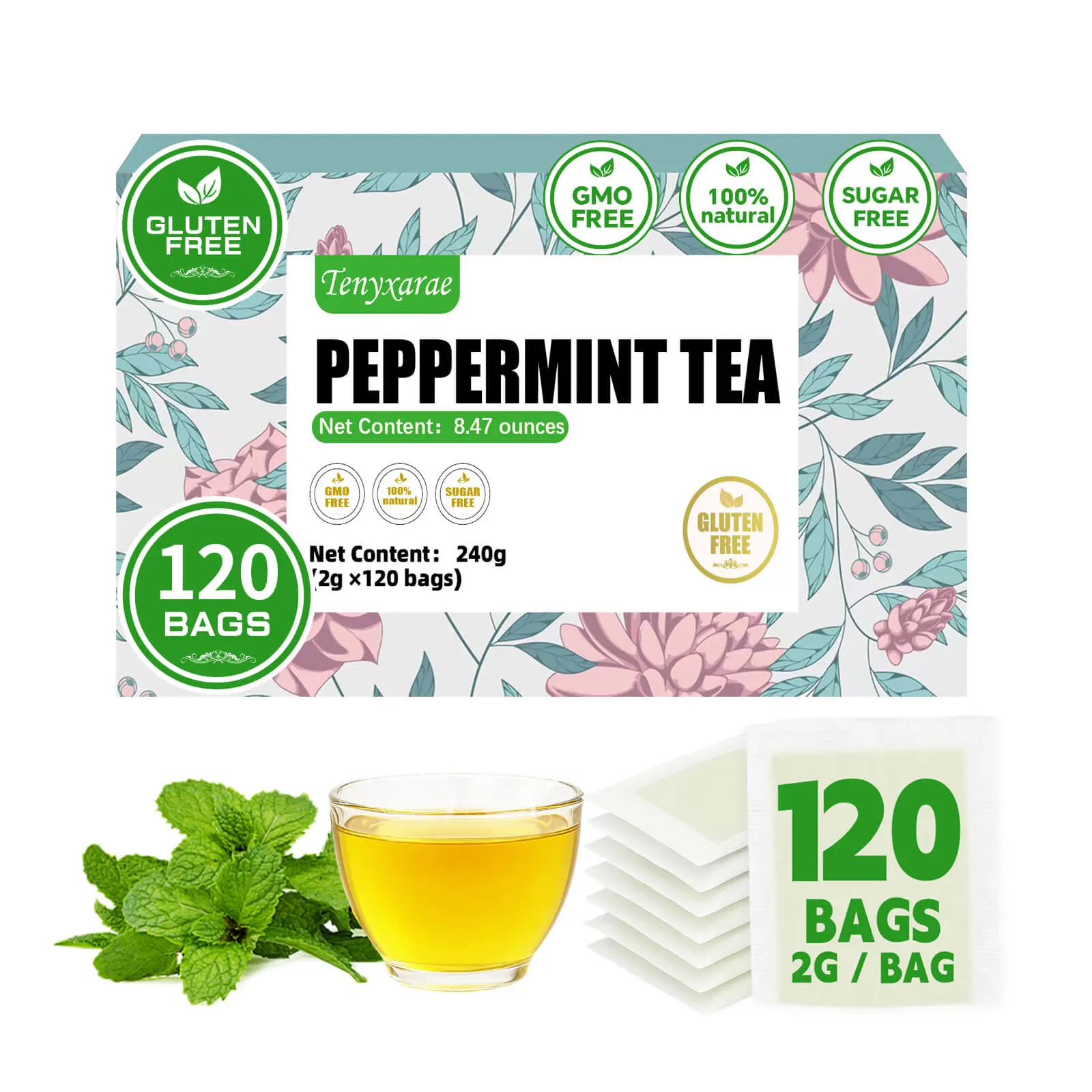120-Count Organic Peppermint Tea Bags (2g Each) | 100% Natural Peppermint Leaves | Caffeine/Sugar/Gluten-Free Vegan Tea | Supports Digestion & Better Sleep | Individually Wrapped Eco-Friendly Bags