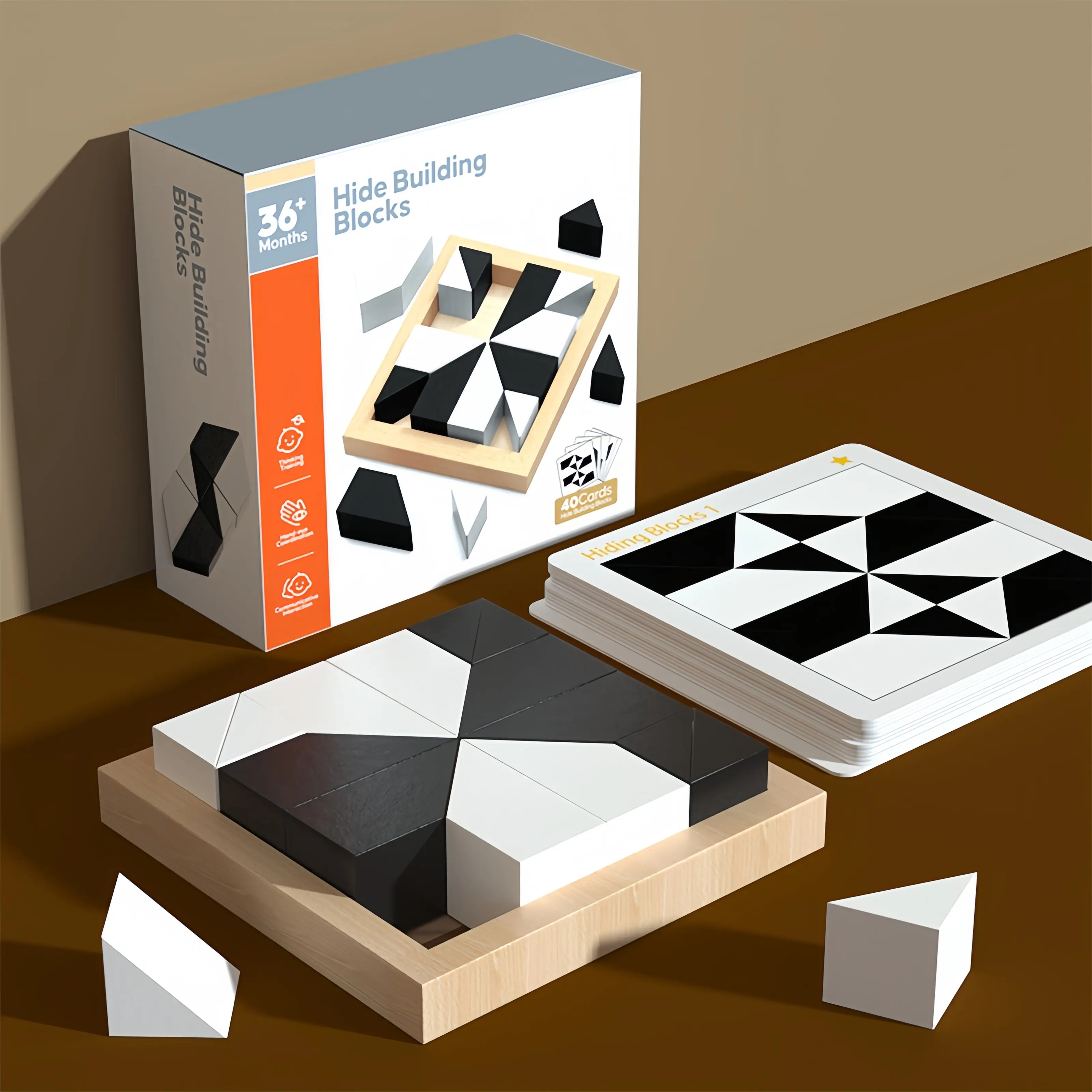 Wooden Hidden Blocks Puzzle Game - 80 Brain Challenges with Solid Wood Box & Deluxe Black & White Blocks - Brain Teaser Puzzles for Kids, Teens & Adults