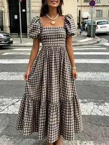 Elegant Plaid Pleated Hem Casual Dress for Women, Perfect for Leisure Outing, Dates, Vacations, Coffee