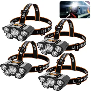 4 Pack LED Headlamp Rechargable with 4 Lighting Modes, USB Rechargable Head Flashlights with 5 Super Bright Lamp Beads, 180 Degree Adjustable Head Lights for Forehead, Hard Hat Light for Adults, Bright Coast Headlamp for Outdoor, Survival Kit Supplies