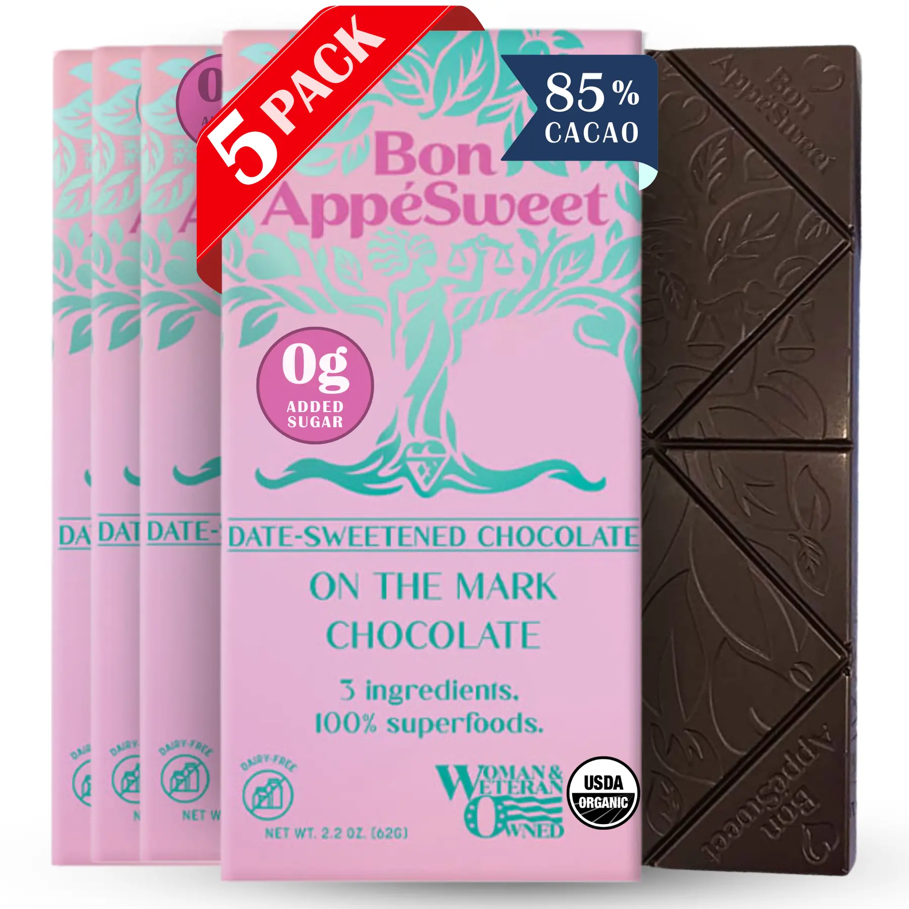 Bon Appesweet Date Sweetened Chocolate Bar | On the Mark Chocolate | 2.2 Ounce |  Zero Added Sugar, 85% Cacao, Plant Based, Dairy Free, Limited Ingredients, and Guilt Free!
