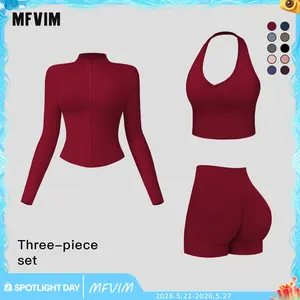 Women's Solid Criss Cross Bra & Funnel Neck Top & Shorts Three-piece Set by MFVIM - Sports Outfit for Yoga, Gym, and Workouts, Ladies' Athletic Apparel for All Seasons, Breathable Activewear