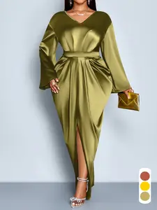 Elegant V Neck Backless Long Sleeve Dress, Plus Size Women's Fall Fashion, Slim-Fitting High Waist Split Skirt for Evening Parties