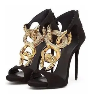 Black Suede Peep Toe Gold Metal Chain Heels