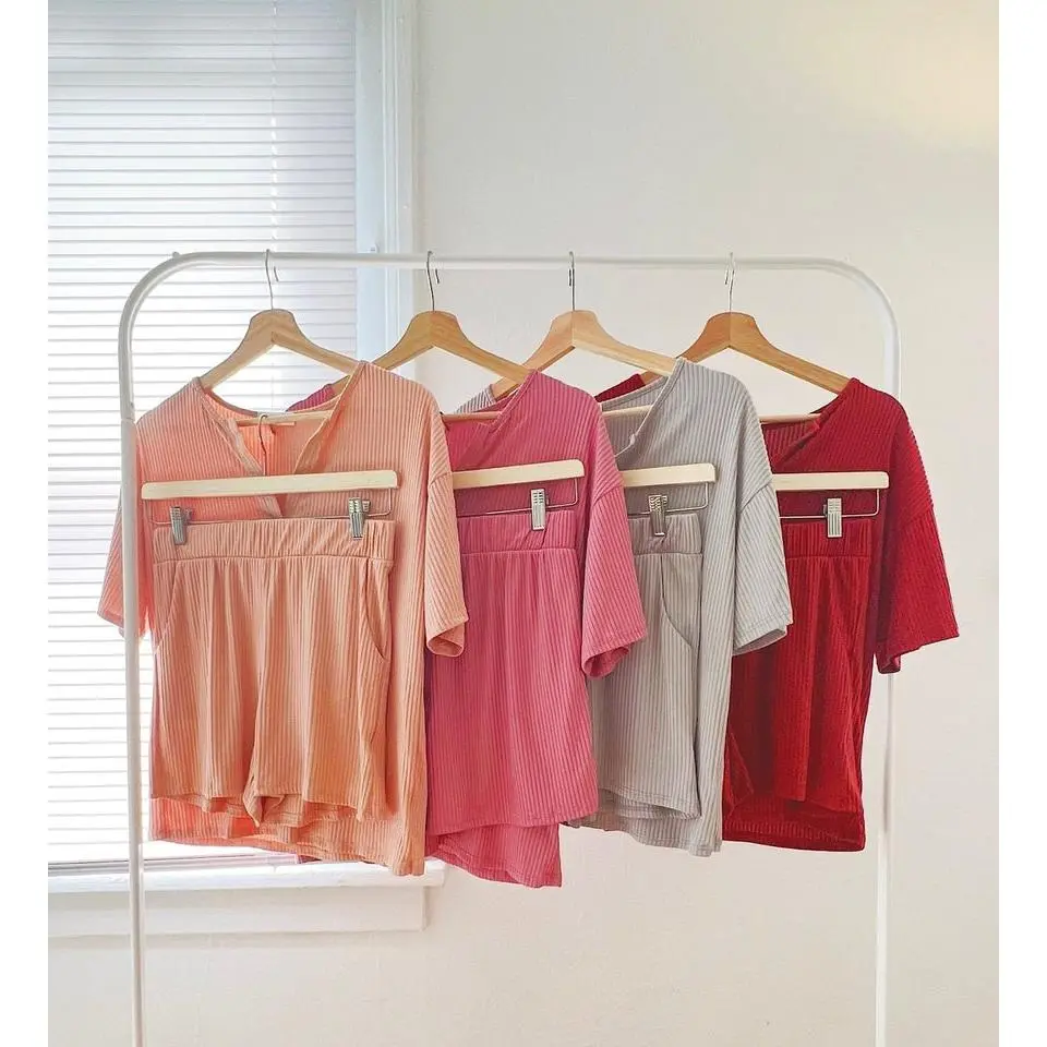 Women's Ribbed Knit Pajama Sets Short Sleeve Top and Shorts 2 Pieces Loungewear Sweatsuit outfits with Pockets Fabric Nightwear outfits trackset prettylittlething twopieceset outfit girls skimpynightwearwomen fluffypajamapants Womenswear Casual