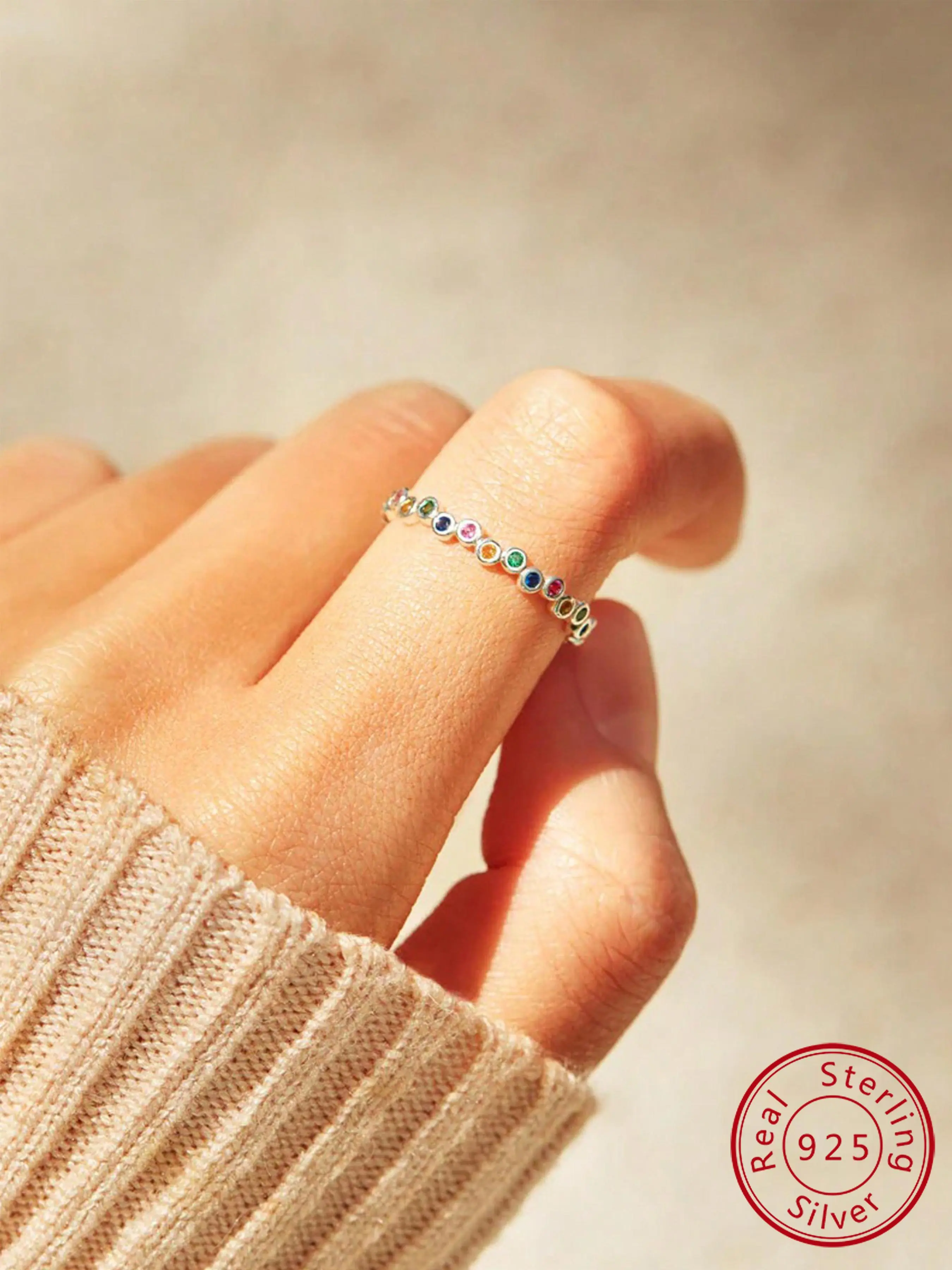 S925 Sterling Silver Rainbow Color Ring, Statement Rings, Unique Rings, Beautiful Rings, Fashion Accessories for Women & Girls, Trendy All-match & Exquisite Jewelry for Birthday Gift, Stackable Rings