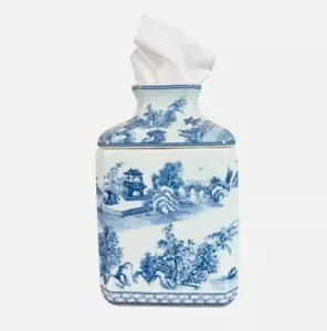 Blue and White Chinoiserie Porcelain Tissue Box Cover Holder Square