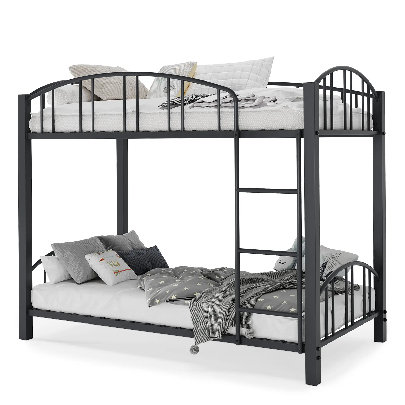 Twin Over Twin Size Metal Bunk Bed With Arched Guardrail And Safety Ladder, Heavy Duty Bunkbeds Frame,No Box Spring Needed, Space-Saving