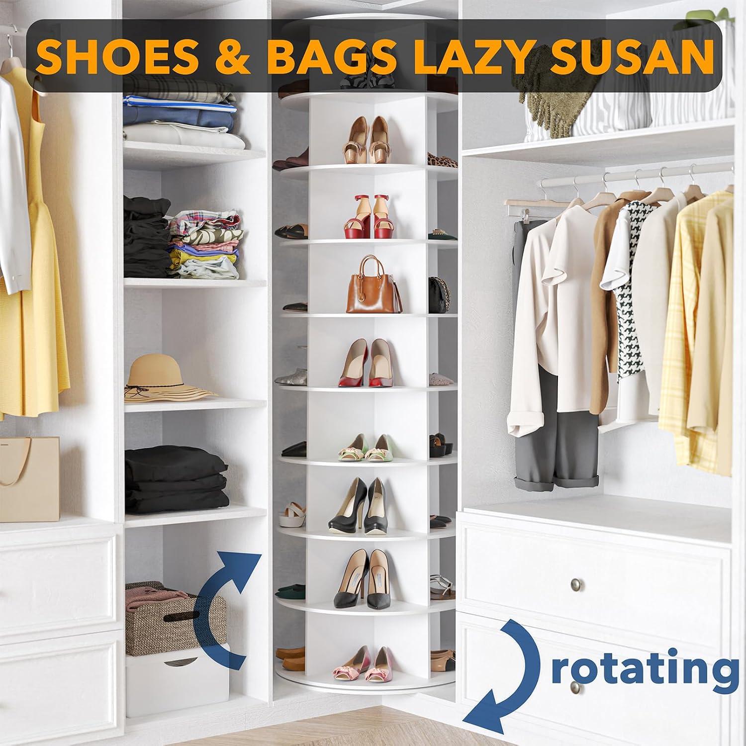 9-tier / 8-tier / 7-tier shoe cabinet Rotating Shoe Rack Tower, 360° Spinning Shoe Rack, Revolving Storage Round Carousel Display, Freestanding Lazy Susan Organizer Display for Bedroom, Living Room, Entryway, Closet, White