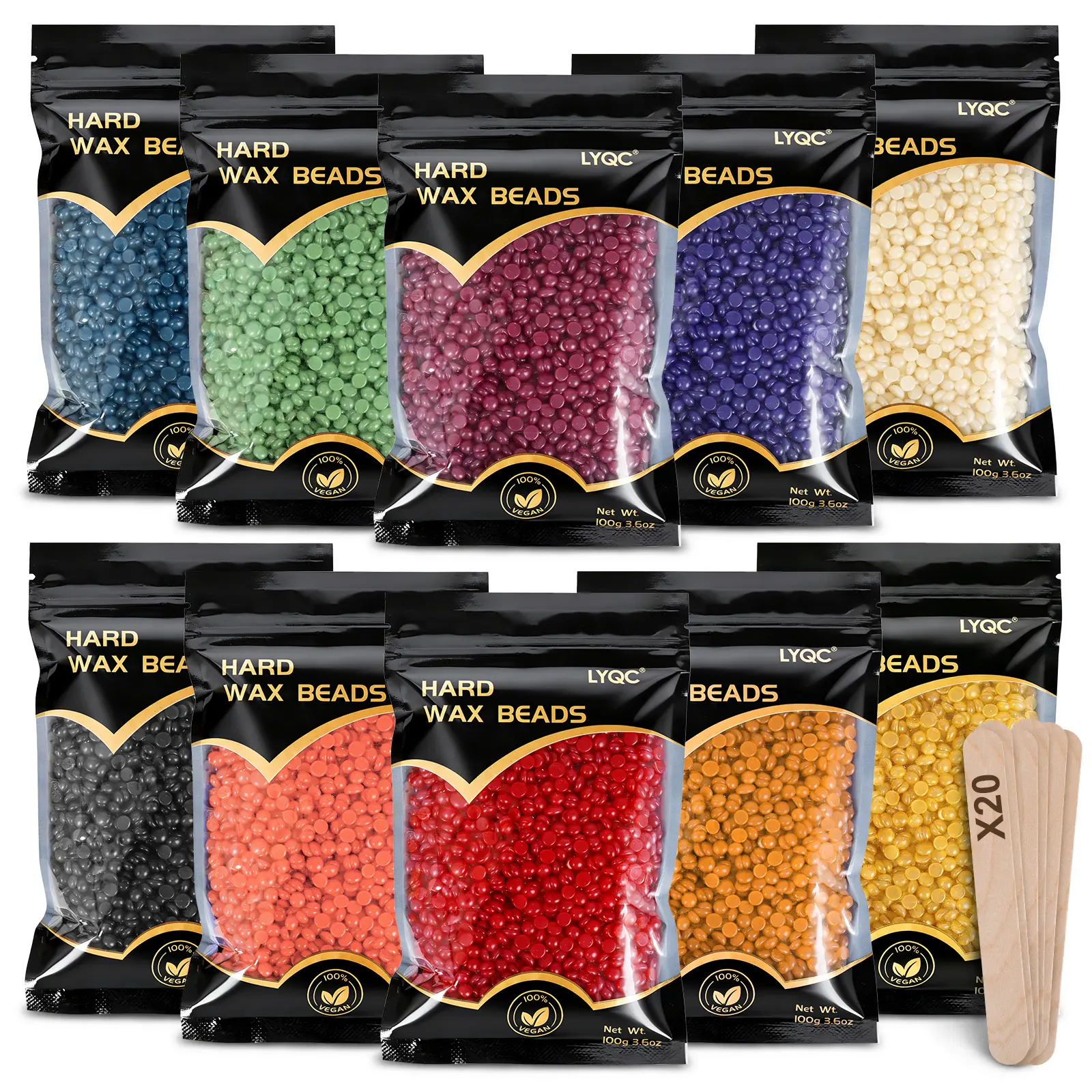 LYQC 2.2lbs Hard Wax Beads 1000g with 20 Applicators for Full Body Painless Gentle Hair Removal for Men Women Intimate Areas Low Melting Point Waxing Kit for Beginners Cool
