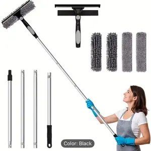 Professional Window Glass Cleaner High Performance with Extendable Handle & Microfiber Pads Black