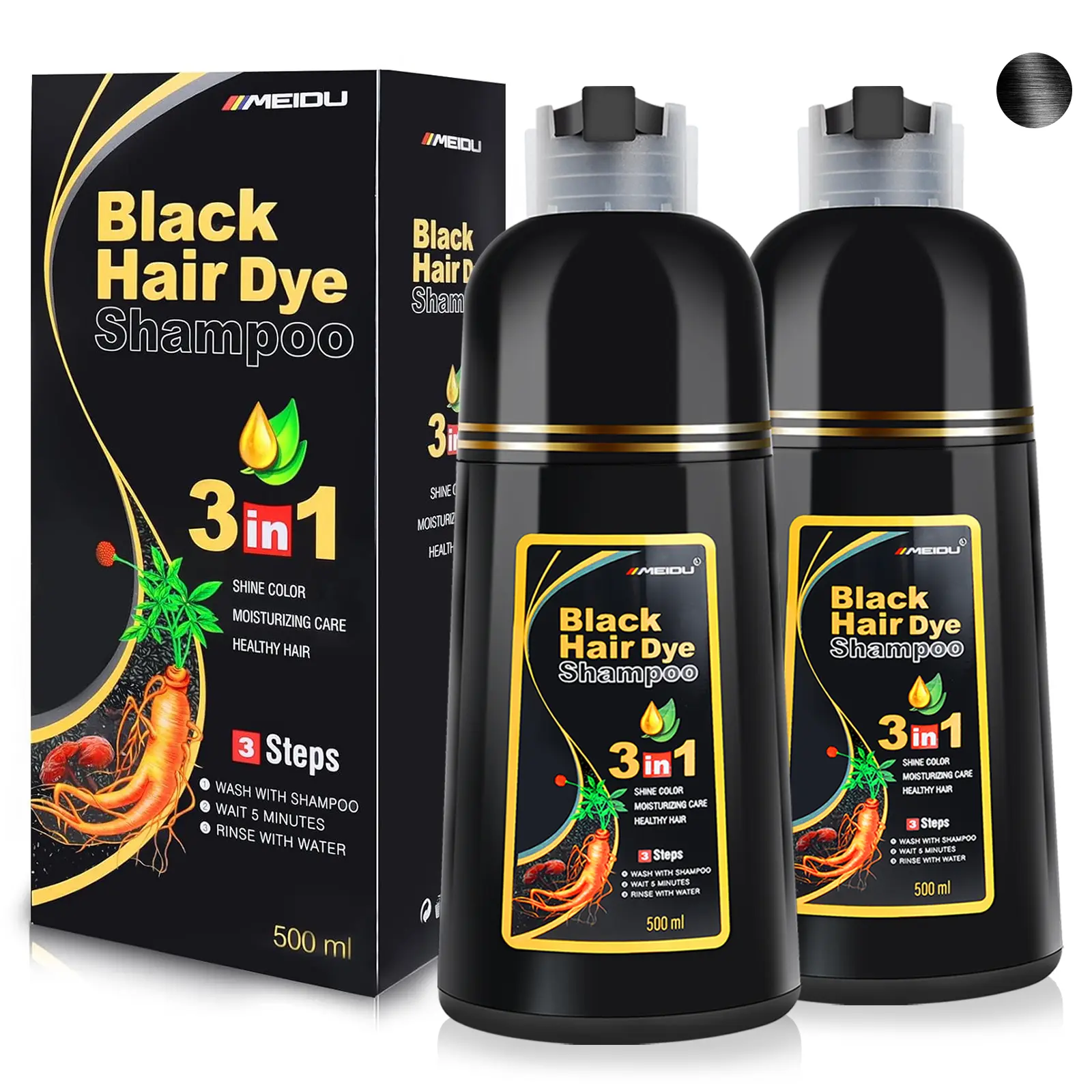 MEIDU 3 in 1 Hair Dye Shampoo - Can cover gray hairs,Herbal Ingredients,Contains Ginseng Extract,Natural Haircoloring, black hairdye