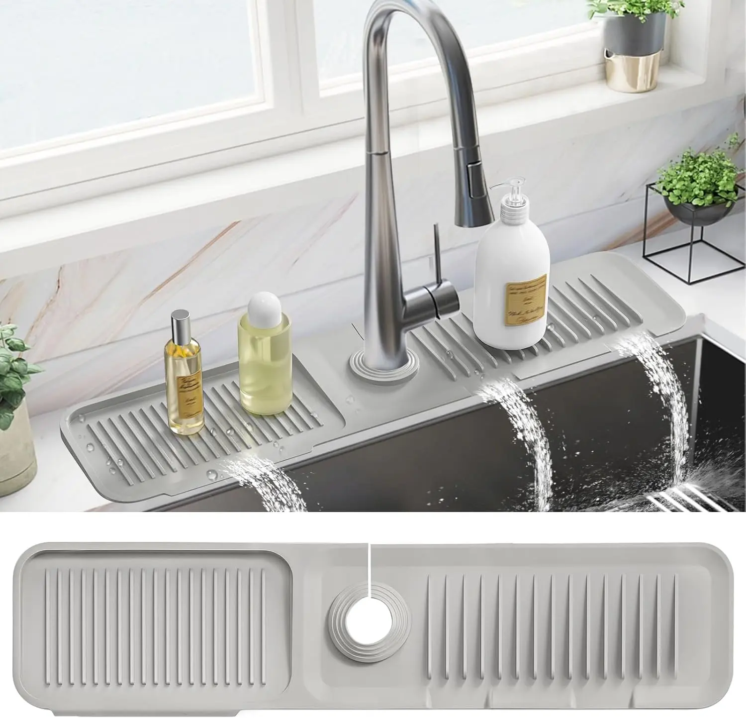 24.0"x5.5" Silicone Kitchen Sink Faucet Mat - 5° Slope Draining, Waterproof Splash Proof Guard, Adjustable Dish Soap Sponge Storage, Kitchen Accessories Home Supplies Cleaning Splash Guards (Grey), Works In Kitchen & Rv