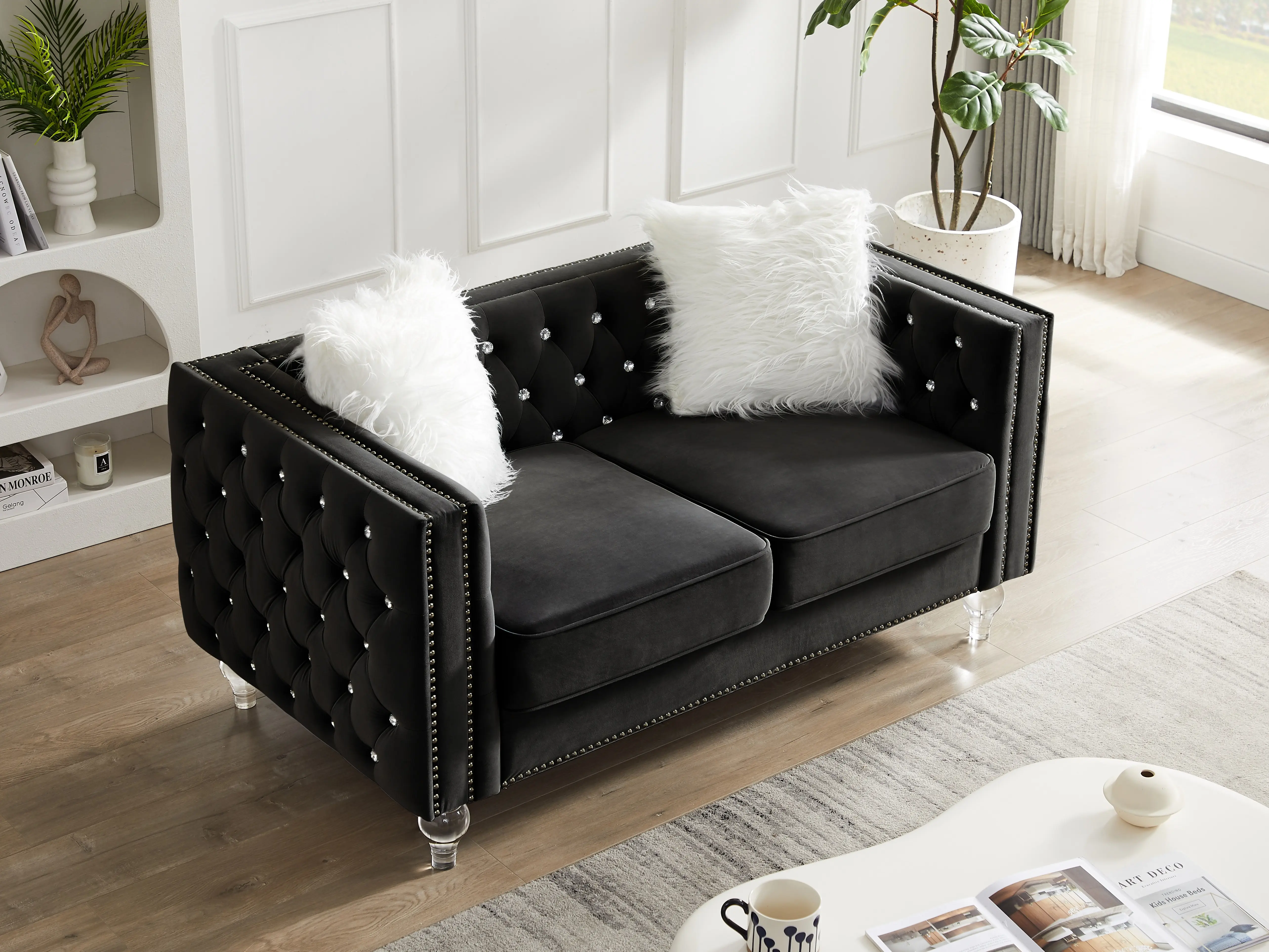 Chesterfield Cozy Comfy Loveseat - 2-Seater Fluffy Modern 59.84" Diamond Button Tufted Sofa with Acrylic Legs, Silver Nailhead Trim for Living Room, Fluffy Modern Sofa