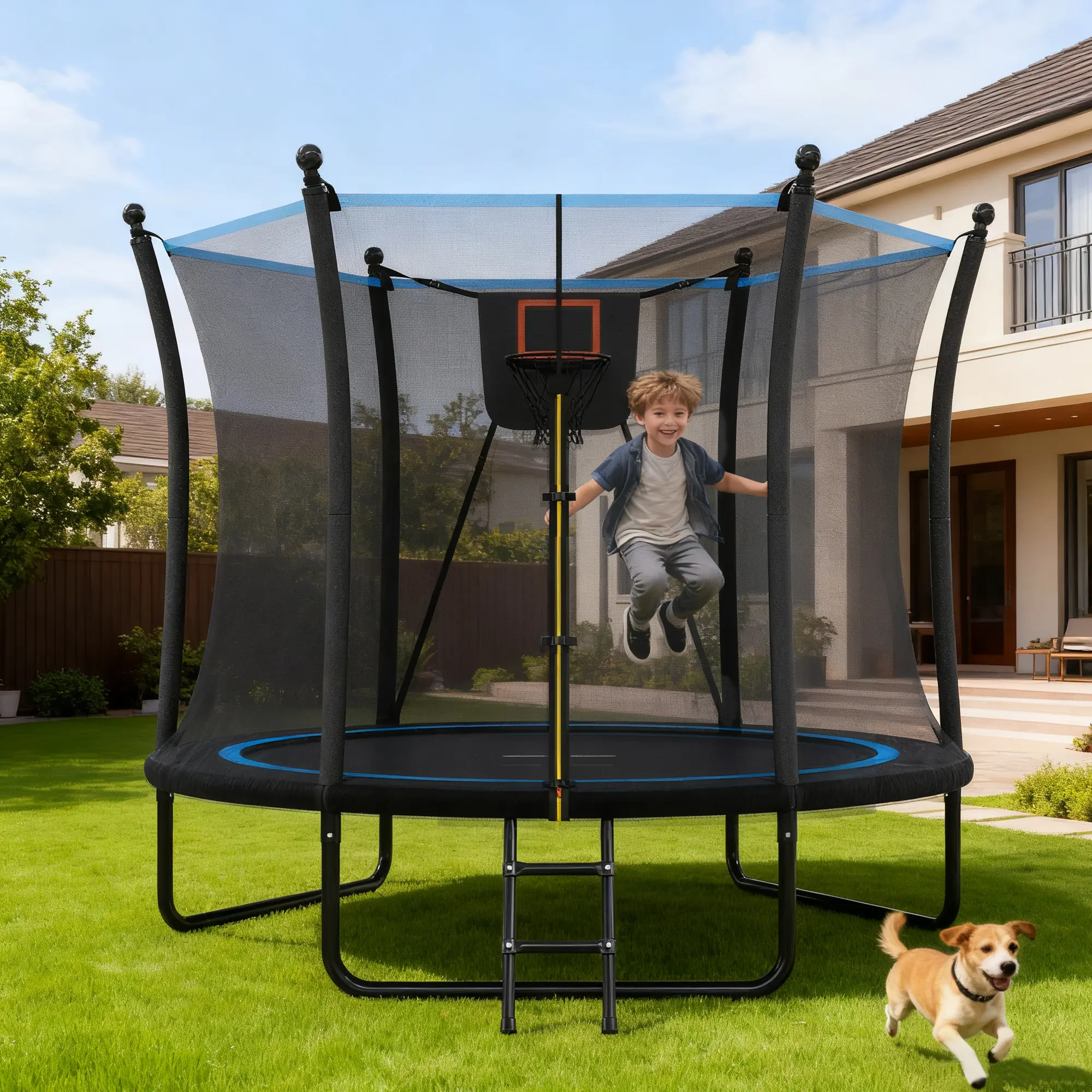 8FT Outdoor Trampoline with Enclosure Net and Ladder, Backyard Recreational Trampoline for Kids