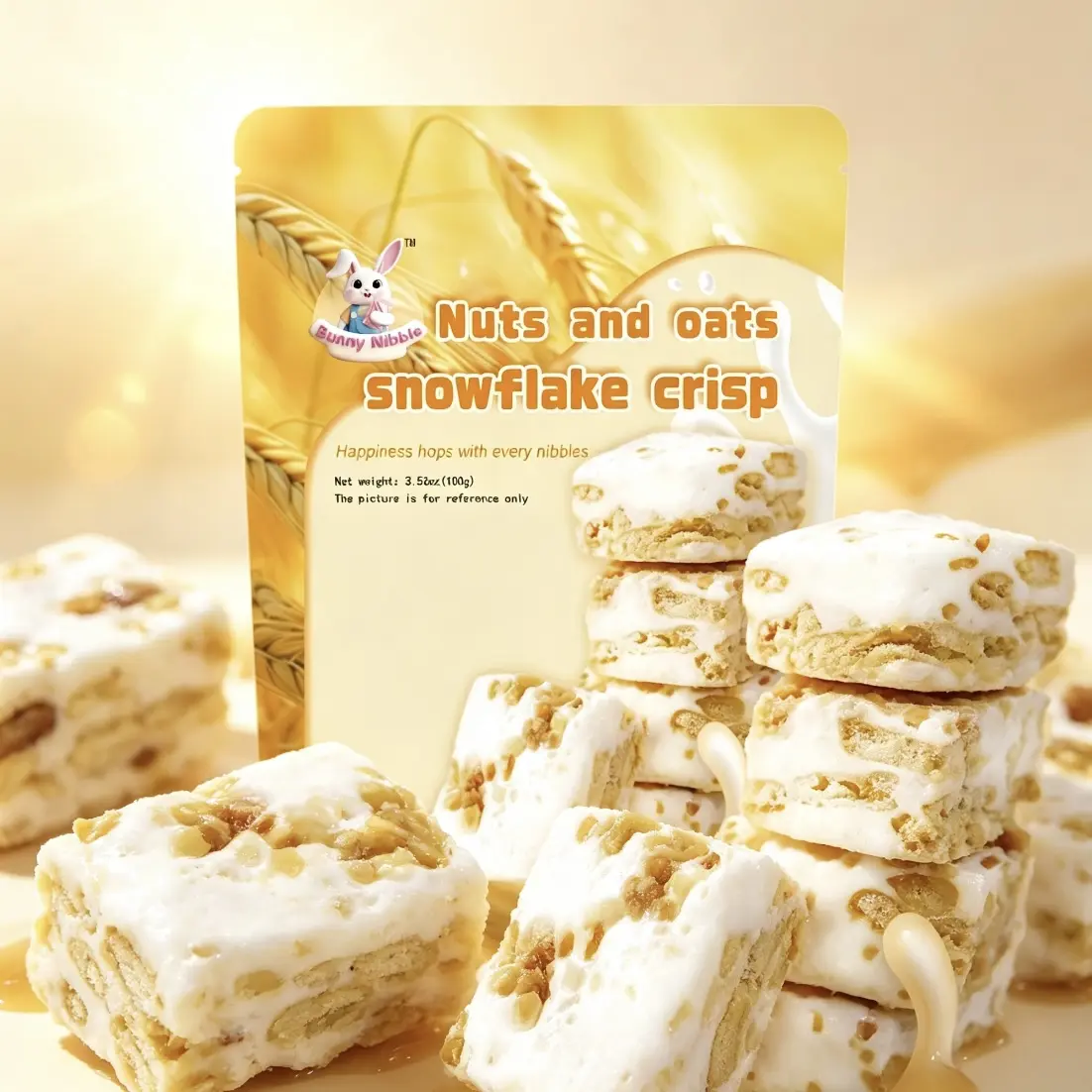 1-Pack GMO-Free Nuts and Oats Snowflake Crisp, Milky Sweet Asian Nougat Snack, Chewy Crunchy Marshmallow Cereal Treats, Portable Individually Wrapped Confection for Office Travel