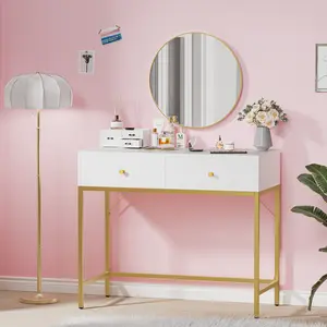 SUPERJARE 35.4" White and Gold Makeup Dressing Desk - Modern Makeup Vanities, Multi-Drawer Space-Saving Standable Vanity, Dual-Drawer Storage Desk for Bedroom Small Home Office Writing Study