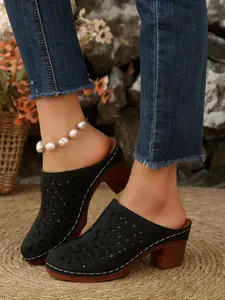 Summer Hollow Out Embroidered Flower Women's High Heel Mules, Comfortable Outdoor Half Sandals, Ethnic Style Breathable Open-Toe Slippers, Slip On Clog, Hollow Out Clogs