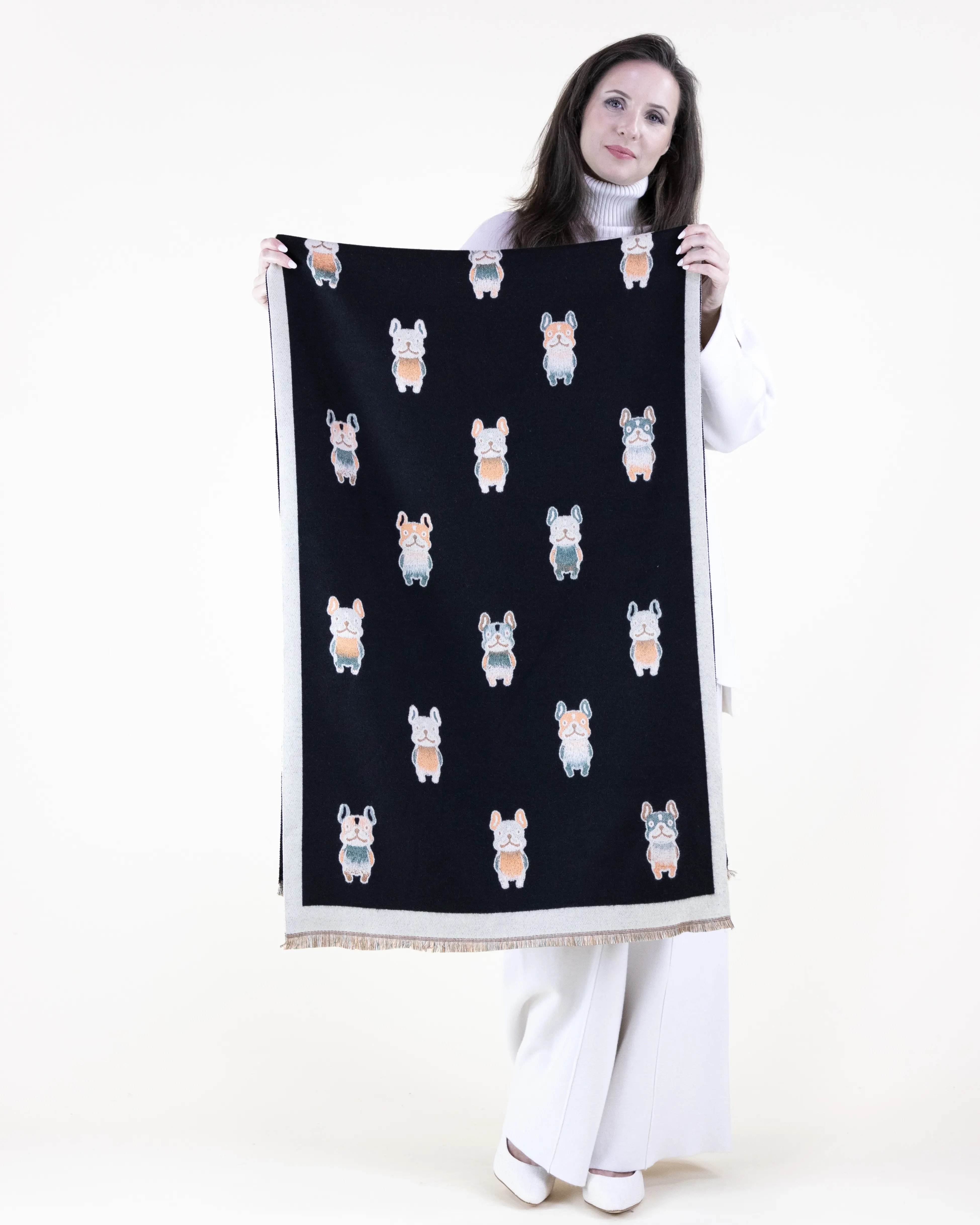 French Bulldog Print Cozy Knit Cashmere Feel Wrap Shawl Scarf for Fall/Winter Casual Wear One Size Fits All Soft Acrylic Material Fluffy