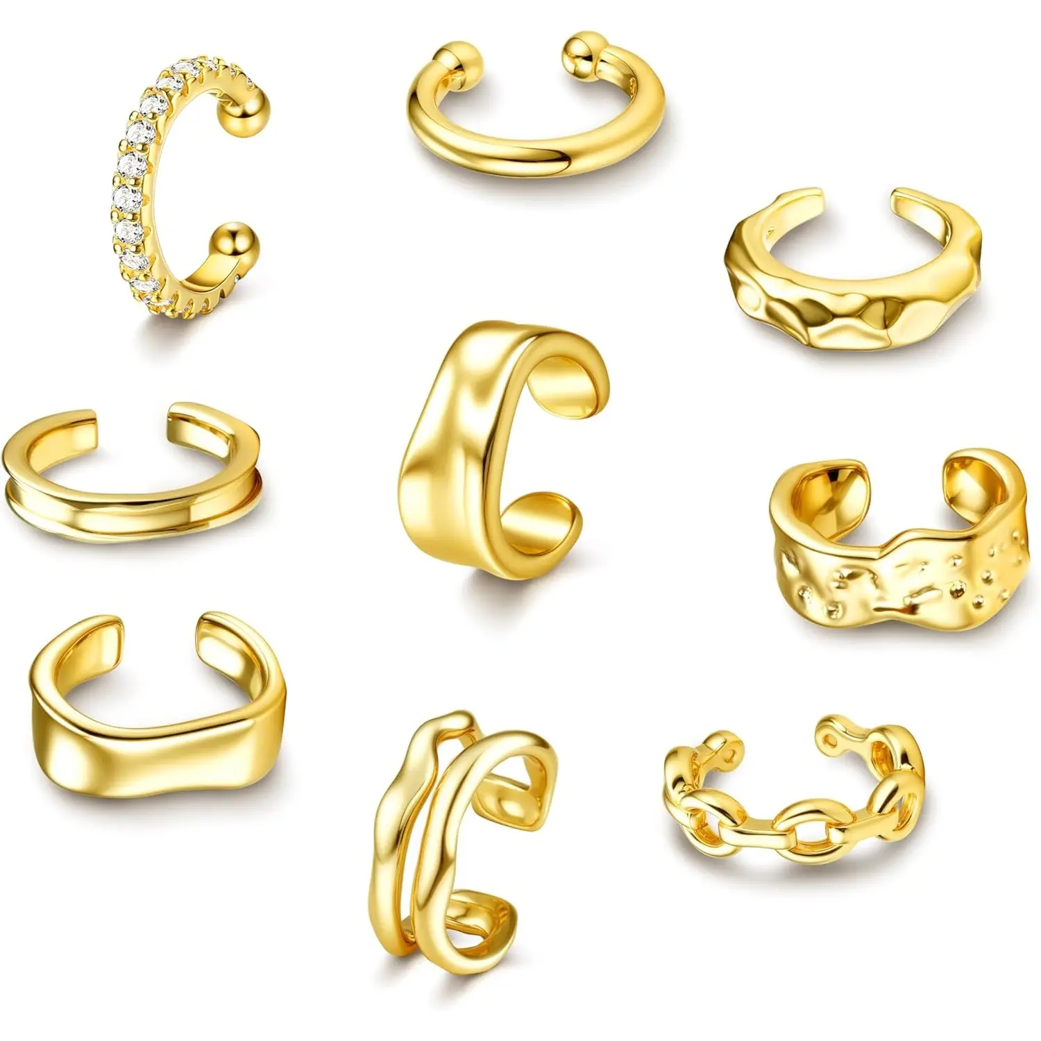 CASSIECA 9Pcs Women's Ear Cuff Set, 14 Karat Gold Plated Non-Piercing Clip On Earrings, Adjustable Hypoallergenic Asymmetrical Jewelry with 5A Cubic Zirconia Accents for Cartilage Conch Helix Ears