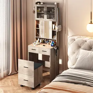 Small Vanity Desk with Sliding Mirror and LED Lights, Makeup Table with Charging Station and Storage Shelves for Small Space, Compact Mini Corner Vanity Set with Hidden Storage Stool for Bedroom vanity  without  let vanity  with  chair