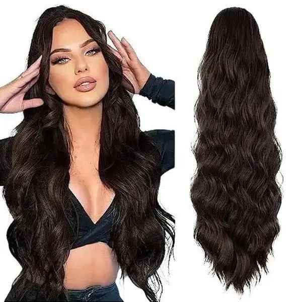 AISI HAIR 26 Inch Long Wavy Drawstring Ponytail, Premium Synthetic Hair, Fluffy Wig for Women in Dark Brown for Daily Wear, Synthetic Soft Hairpieces, Heat Resistant, Synthetic Extensions & Pieces, Female