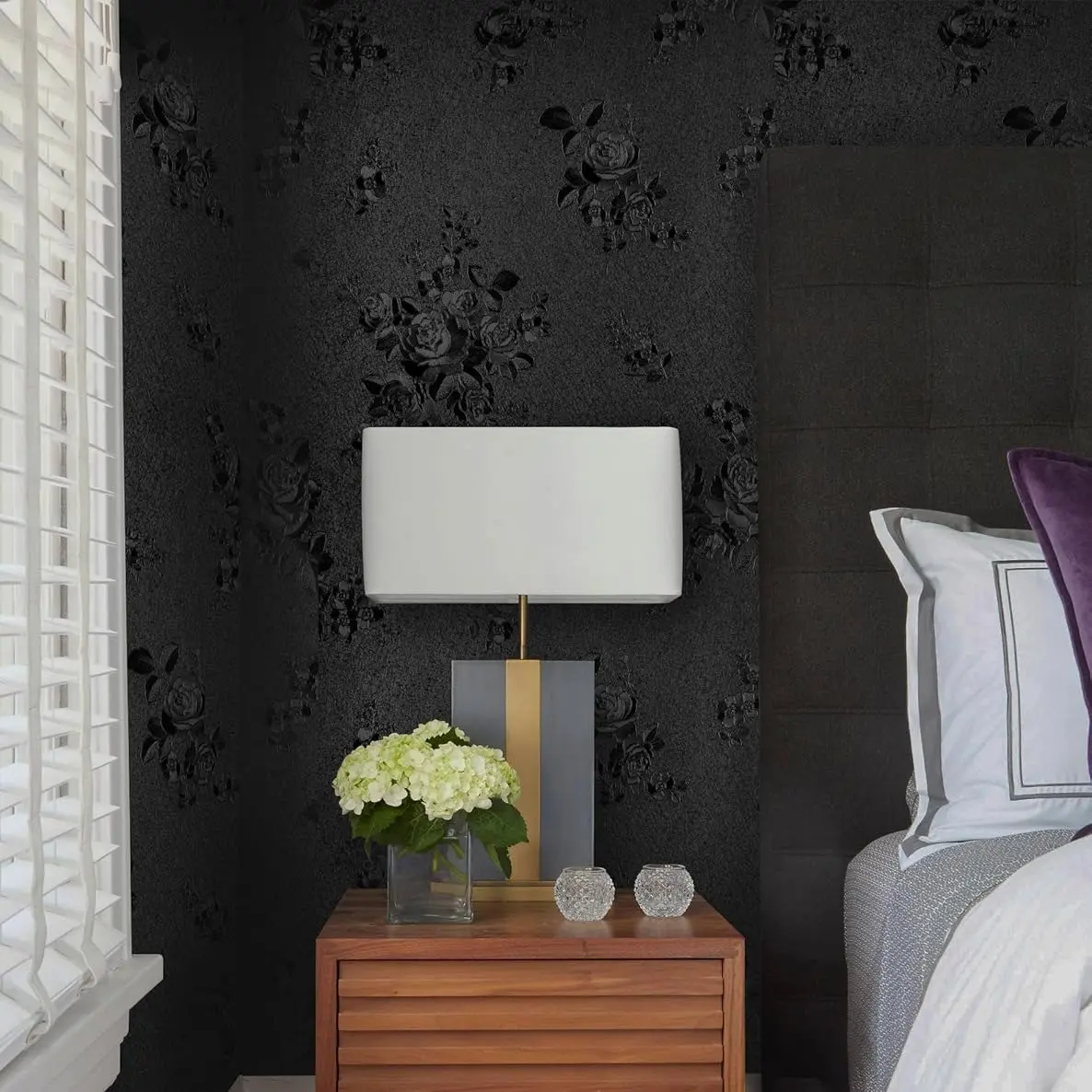 Black Peel and Stick Wallpaper Black Floral Embossed Contact Paper 17.7inch×118.1inch Removable Textured Flower Wallpaper Self Adhesive Thicken Livingroom Countertops Cabinets Wall Paper