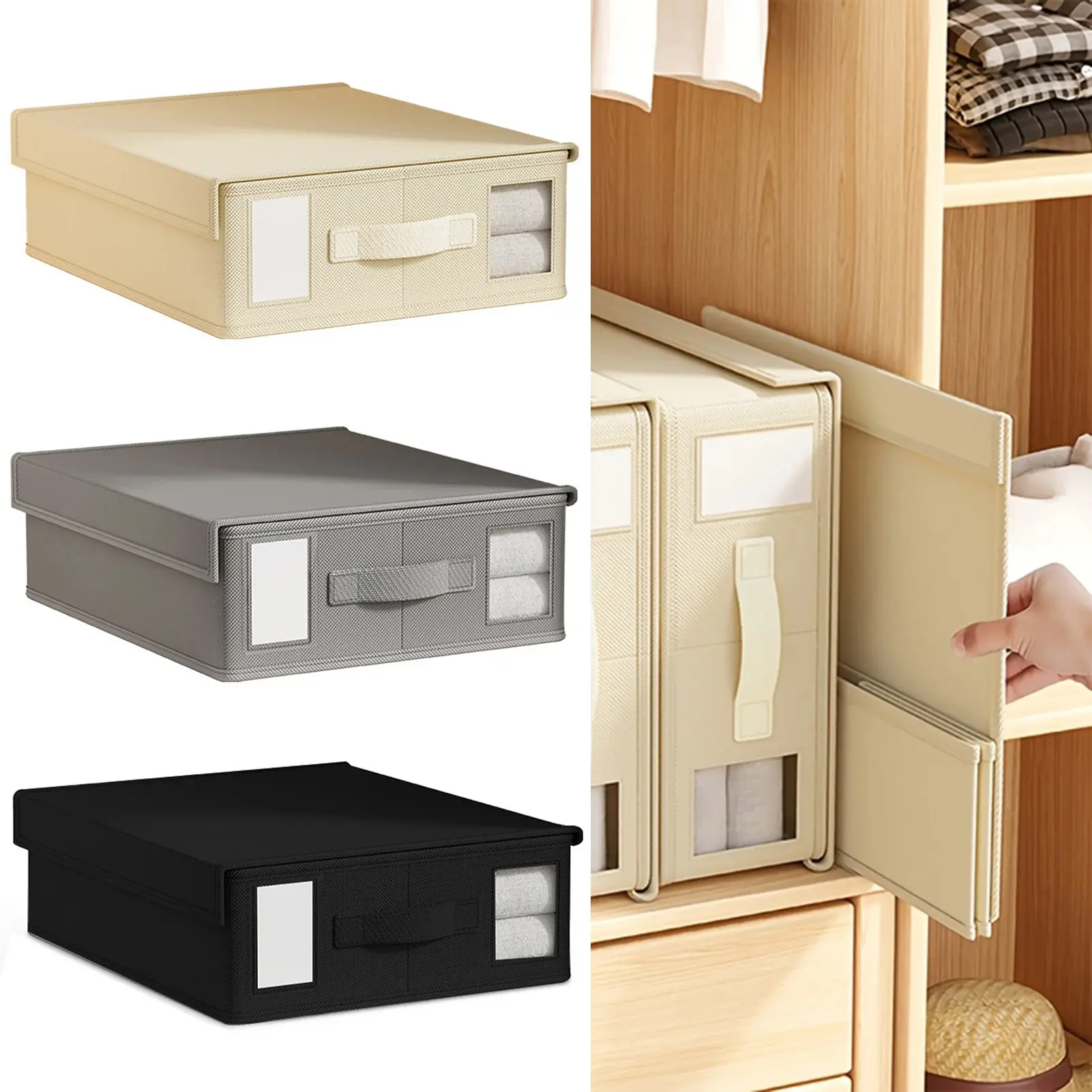 4-Piece Bed Sheet Organizer and Storage Box Set – Durable non-woven fabric with a flip-top lid and handles; features a label window for easy viewing; suitable for organizing bed sheets, duvet covers, and other bedroom linens.