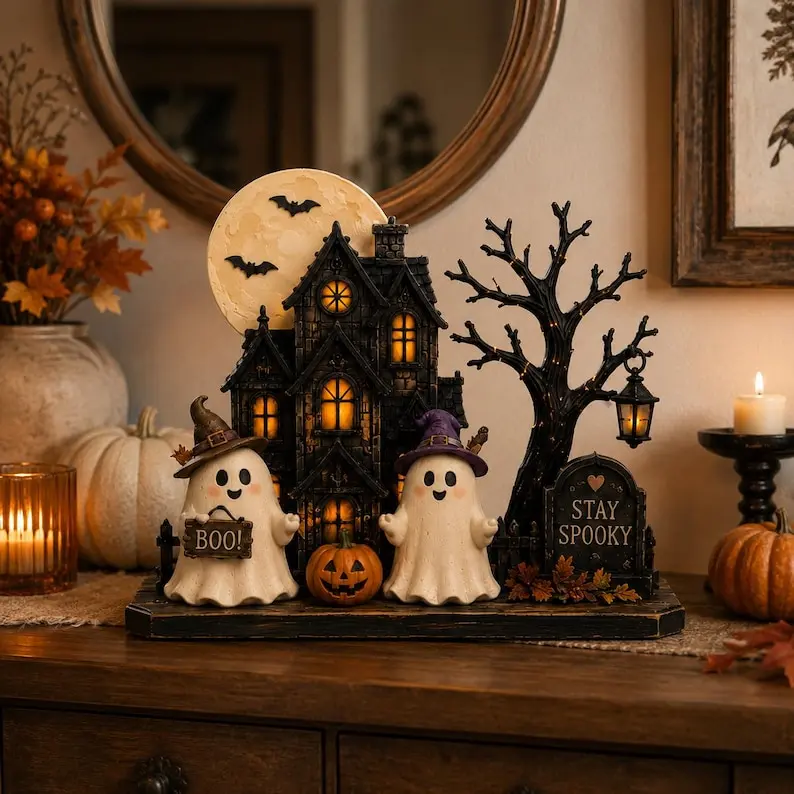 Halloween Wooden Sign Decor,  Vintage Halloween Decor 2026, Spooky Haunted House with Cute Ghosts, Pumpkin and Moon, Rustic Shelf or Mantel Tabletop Sign Display, Fall Decor 2026