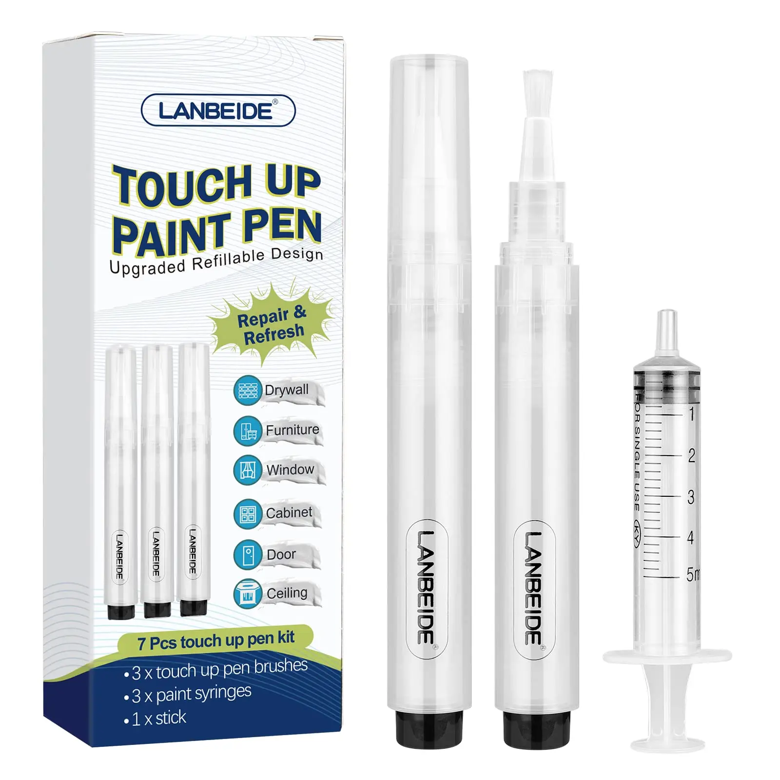 Refillable Touch Up Paint Pens (3Pcs, 6ML) - Home Repair Paint Brush Pens Kit for Drywall, Wood Floors, Cabinets